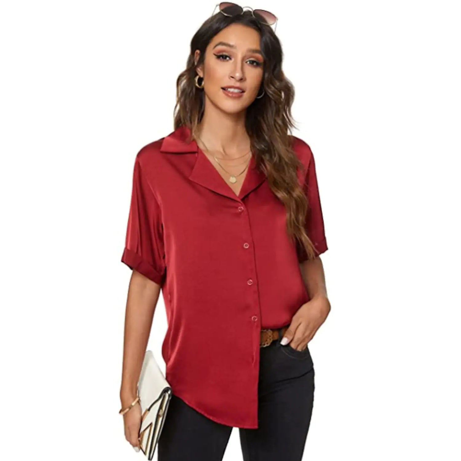 Women's Short Sleeve Casual Satin Button Down Shirt Sale Online Shop