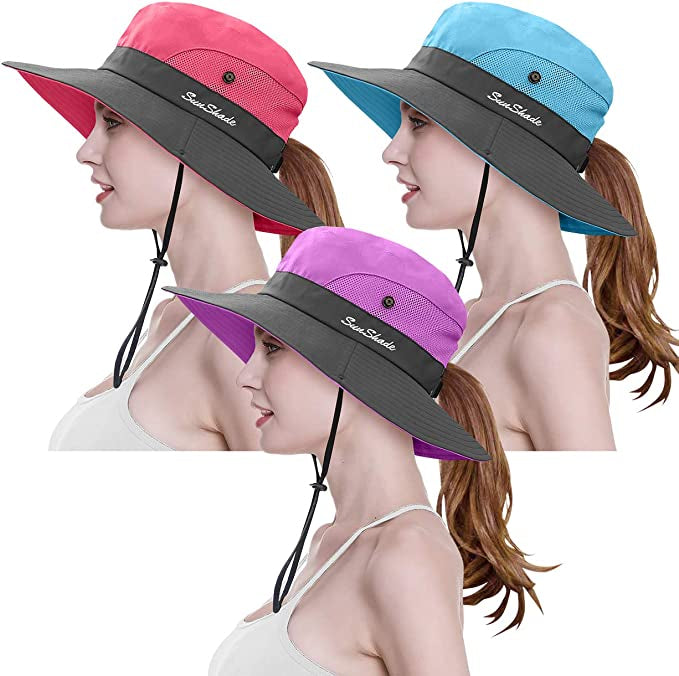 3-Piece: Women's Ponytail Wide Brim Sun Hat Cheap Amazon