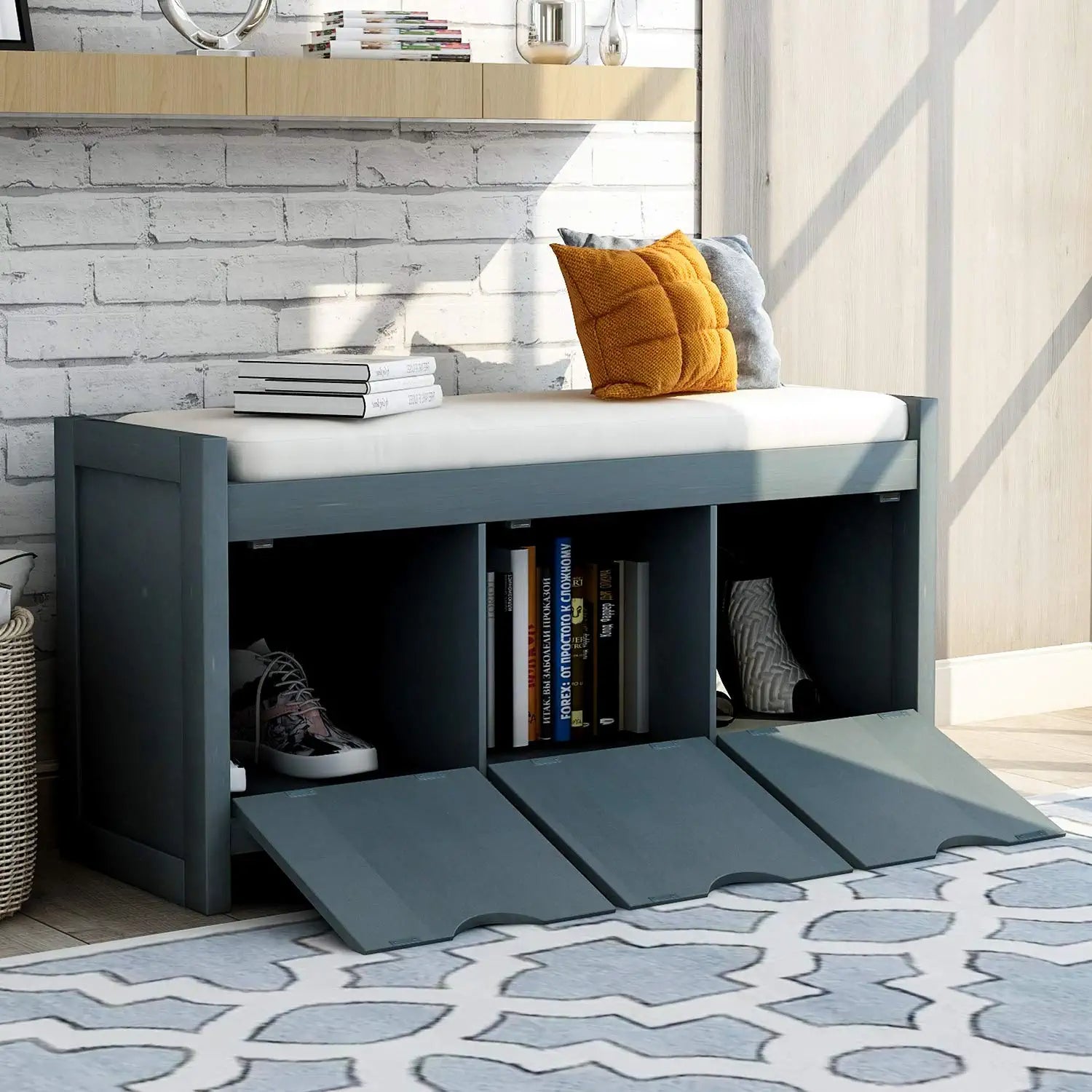 Storage Bench with Removable Cushion and 3 Flip Lock Storage Cubbies For Sale Official Site