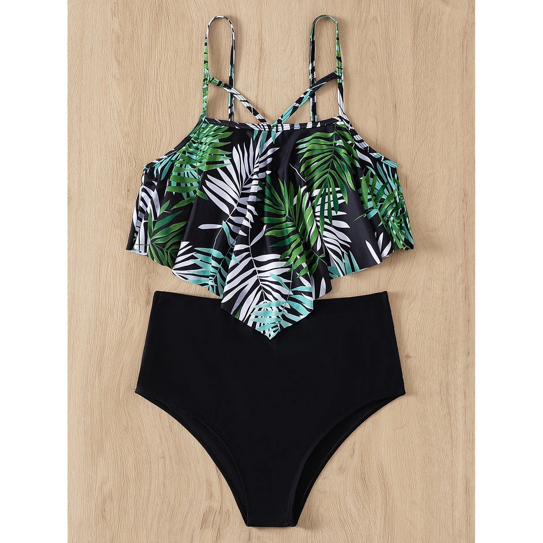 Leaf Print Hanky Hem High Waisted Bikini Swimsuit Cheap Online Online