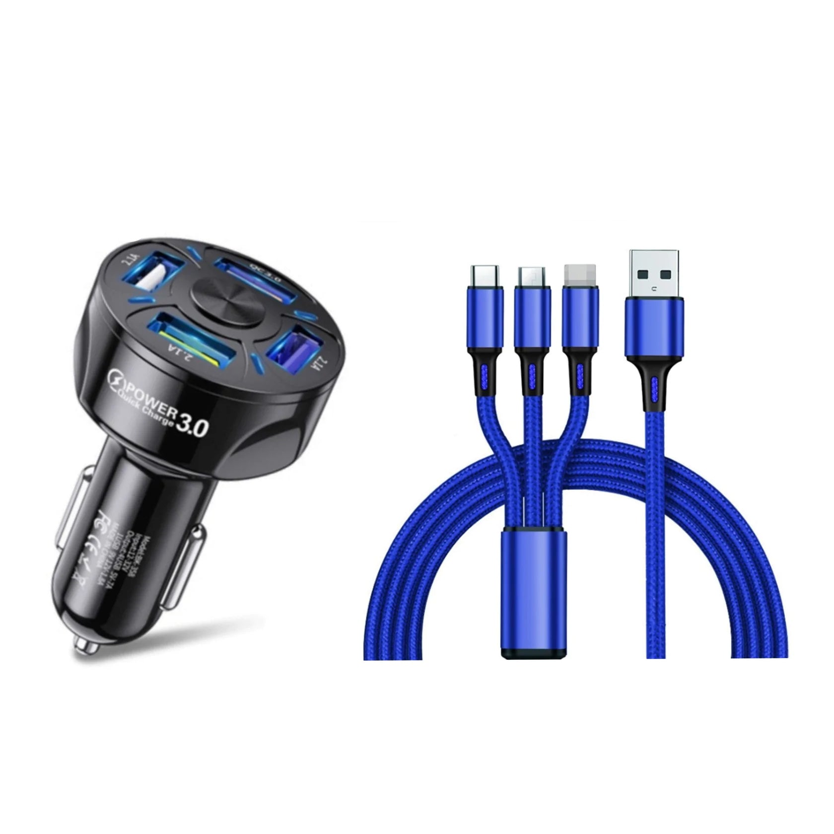 4 Port LED Car Charger + 3 in 1 Cable Combo Quality Free Shipping Low Pice