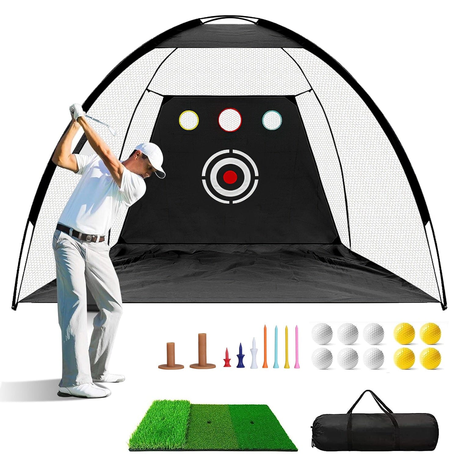 Golf Training Aids Driving Hitting Nets with Tri-Turf Golf Mat Target Cloth 10 Golf Balls 7 Golf Tees 2 Rubber Golf Tee Holders Carry Bag for Indoor Outdoor Sports Free Shipping Best