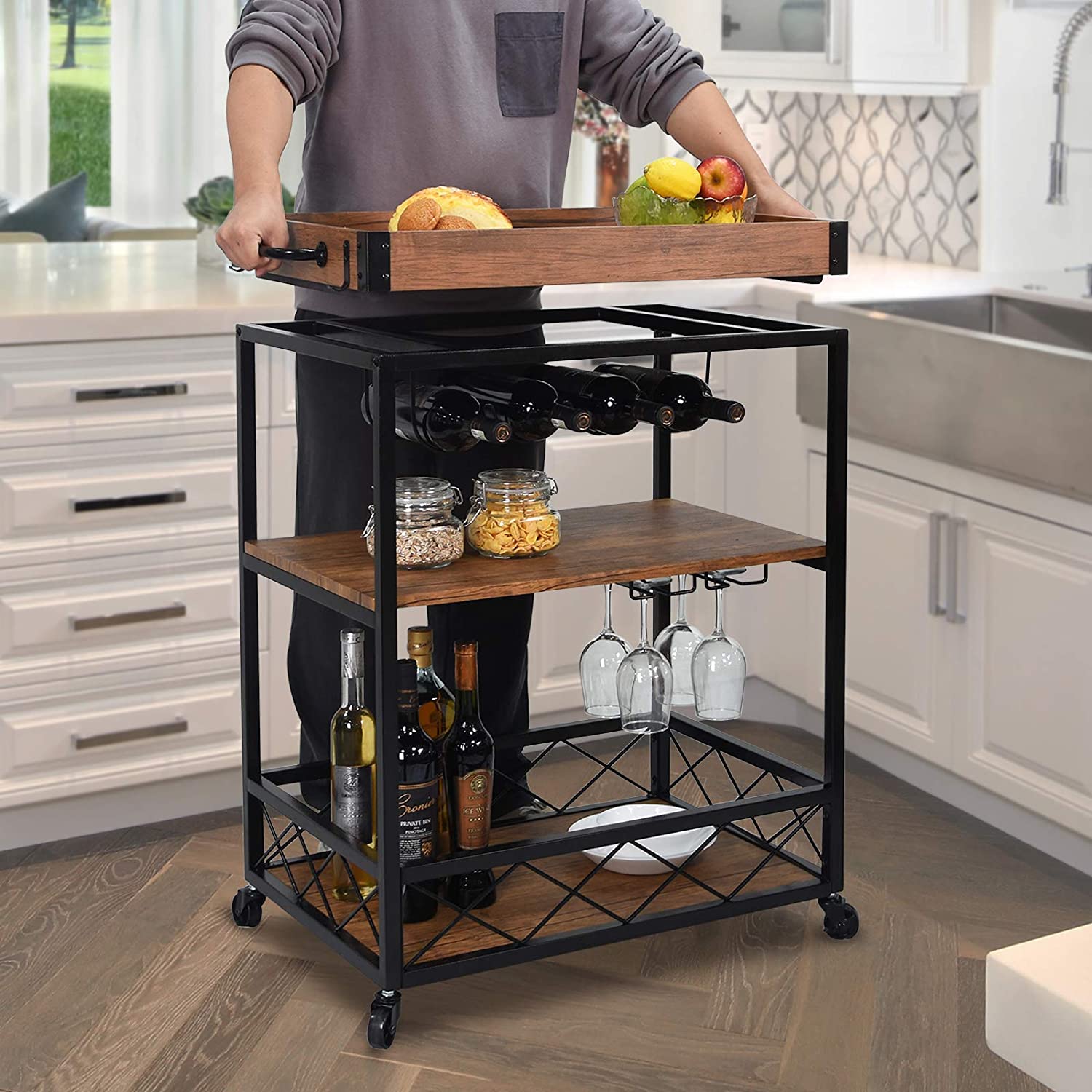 Usinso Industrial Rolling Bar Cart with 3 Tier Storage Shelves Clearance Get Authentic