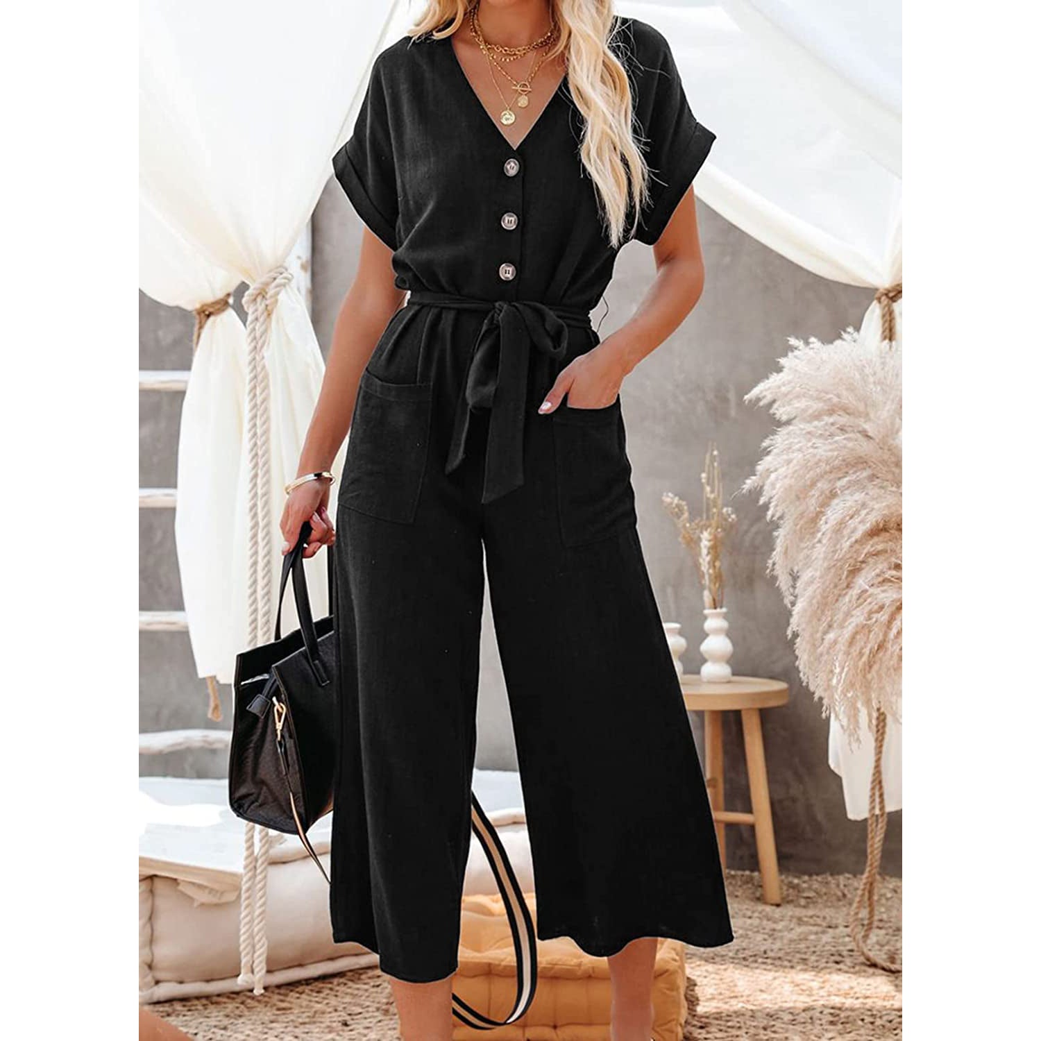 Women's Short Sleeve V Neck Button Belt Wide Leg Jumpsuit Free Shipping Fast Delivery