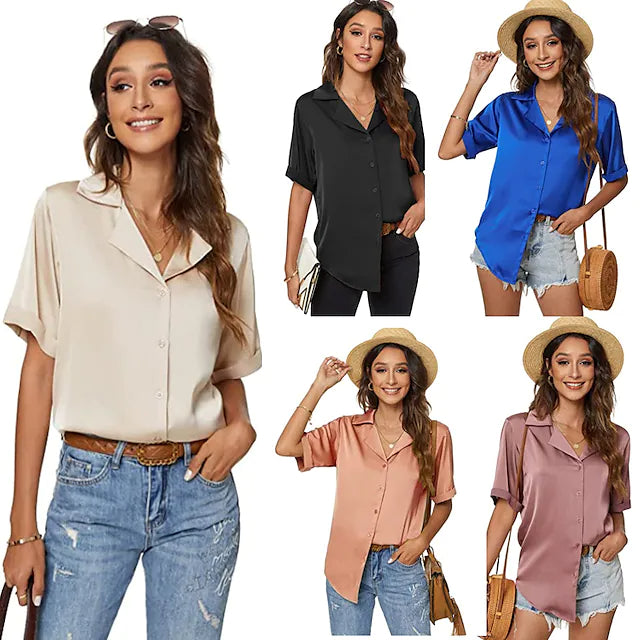 Women's Short Sleeve Casual Satin Button Down Shirt Sale Online Shop