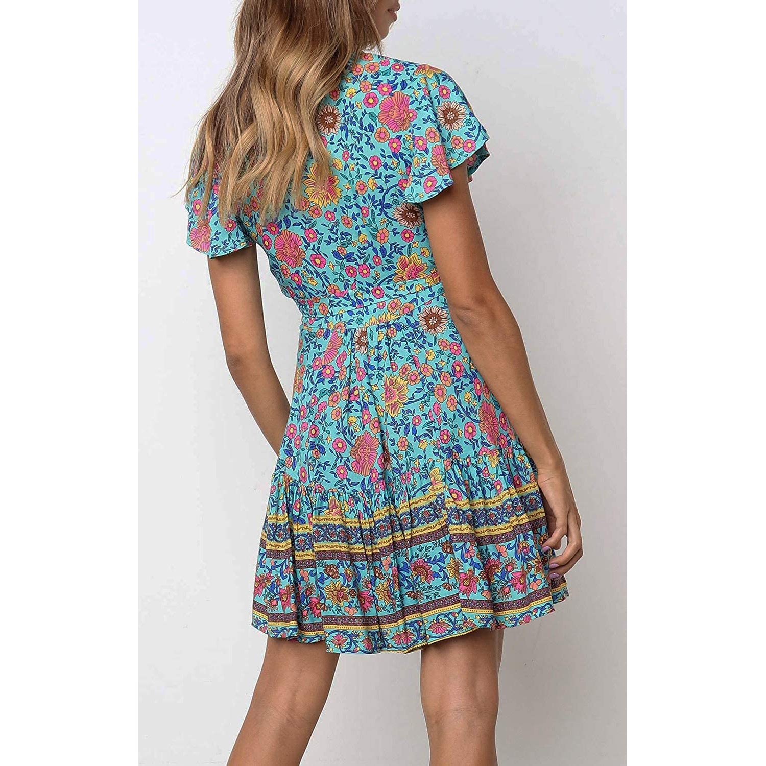 Women's Summer Wrap V Neck Bohemian Floral Print Mini Dress Cheap Geniue Stockist