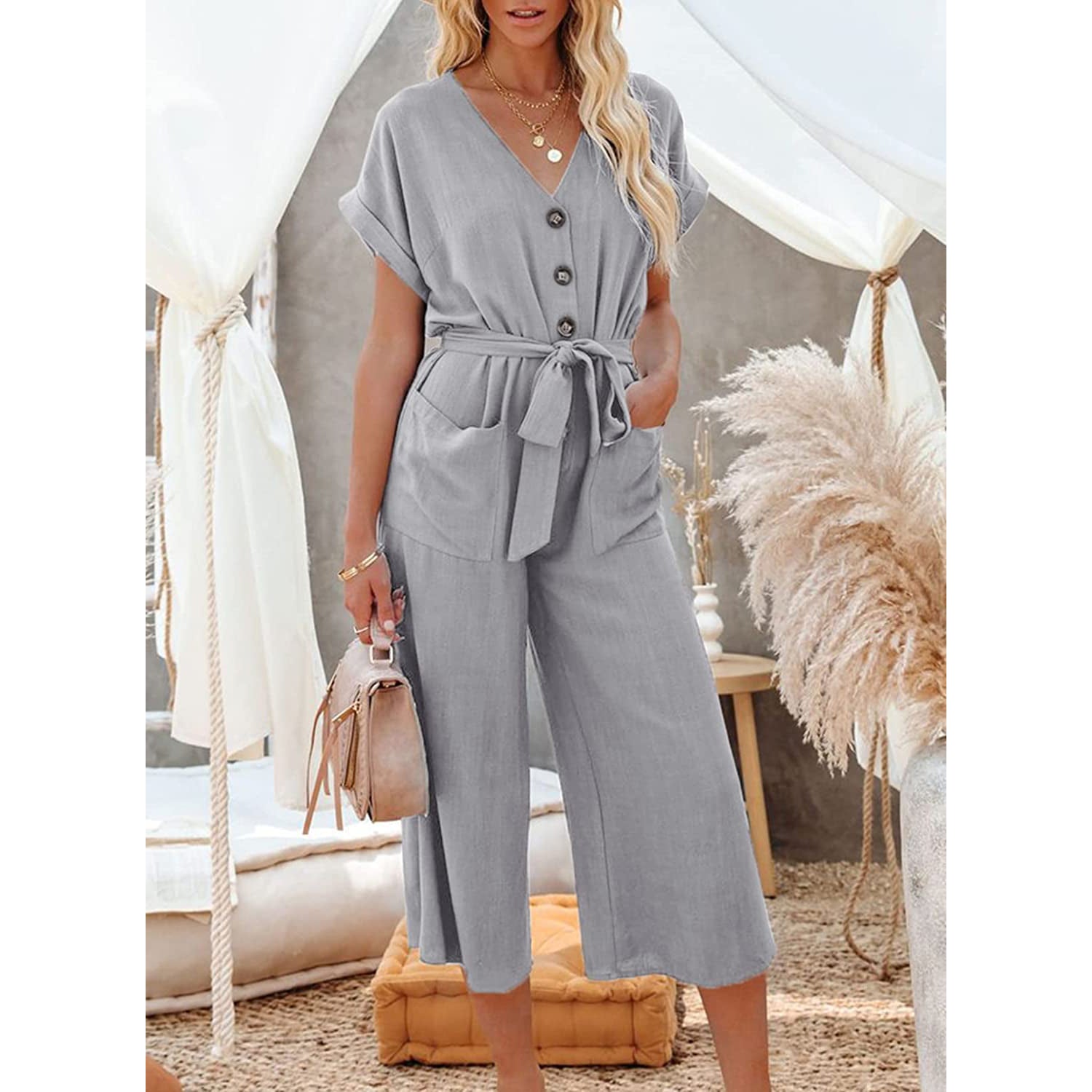 Women's Short Sleeve V Neck Button Belt Wide Leg Jumpsuit Free Shipping Fast Delivery