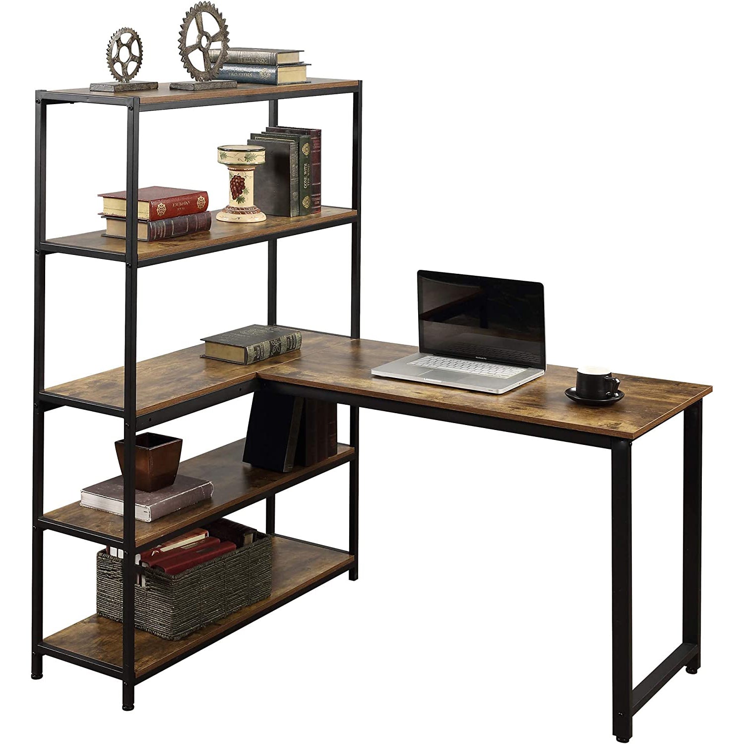 Two Person Computer Desk with Bookshelf Wood and Metal Free Shipping Sast