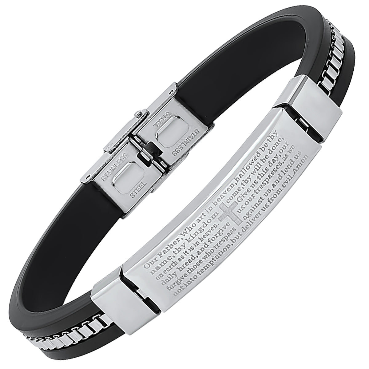 Men's Black Rubber and Stainless Steel Box Inlay Chain Our Father Prayer Bracelet Discount Cheapest