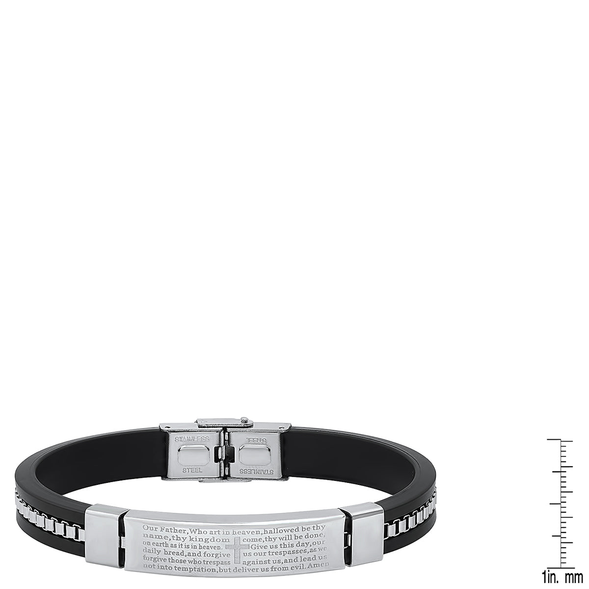 Men's Black Rubber and Stainless Steel Box Inlay Chain Our Father Prayer Bracelet Discount Cheapest