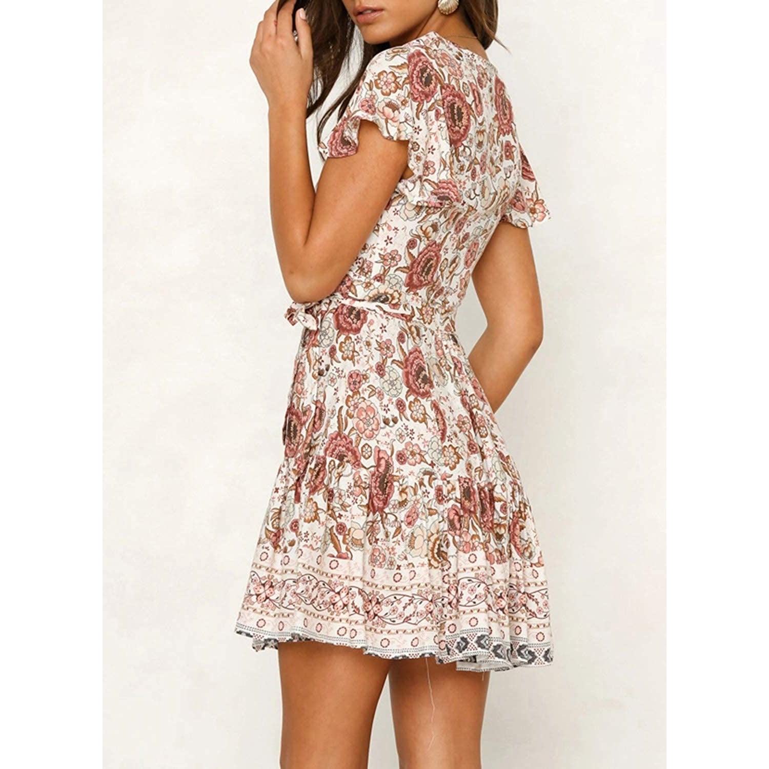 Women's Summer Wrap V Neck Bohemian Floral Print Mini Dress Cheap Geniue Stockist