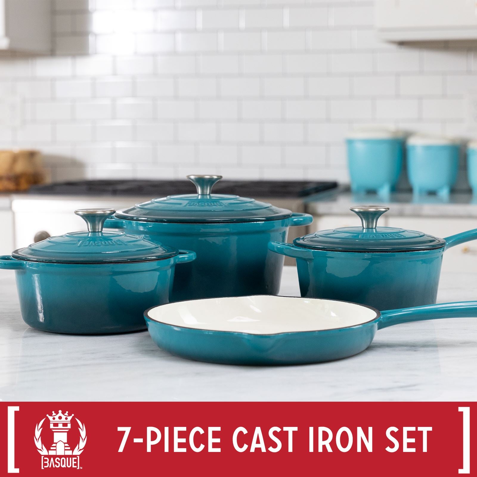 7-Piece Set: Basque Enameled Cast Iron Cookware Set Top Quality Sale Online