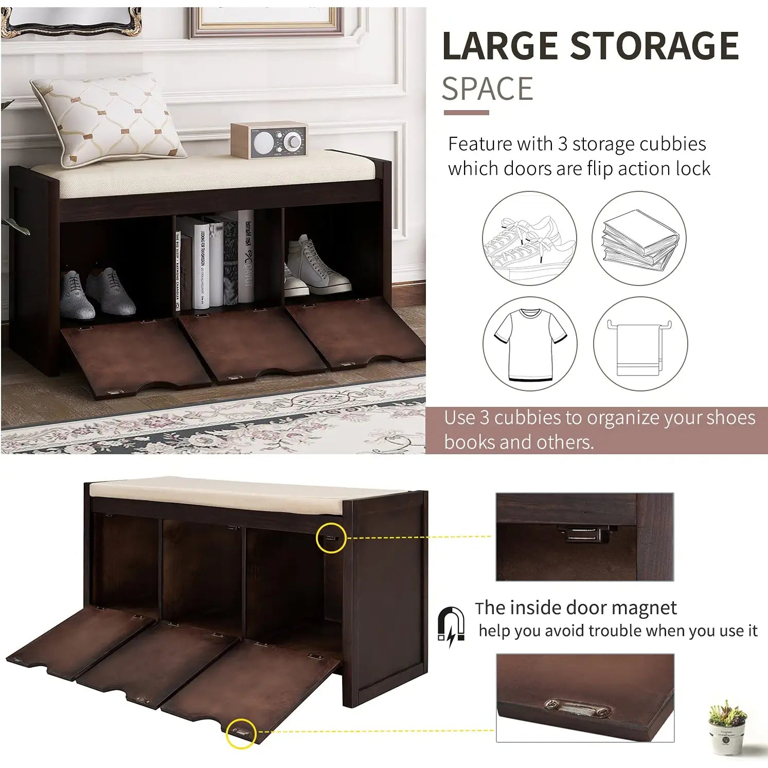 Storage Bench with Removable Cushion and 3 Flip Lock Storage Cubbies For Sale Official Site