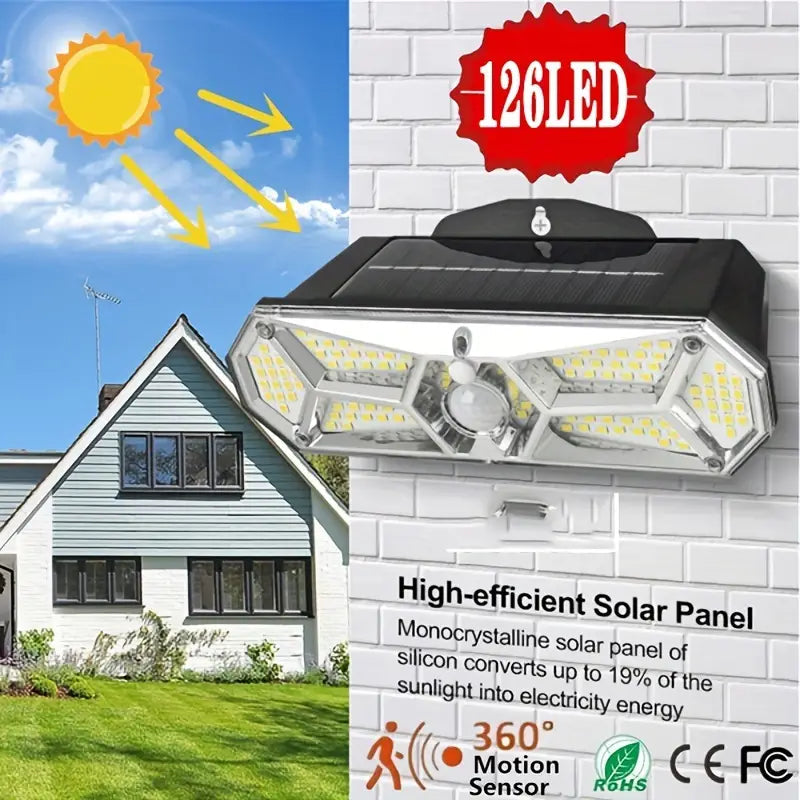 126 LEDs Portable Solar Security Lights, IP65 Waterproof Wireless Exterior Flood Light Detected Light Clearance Cheap Real