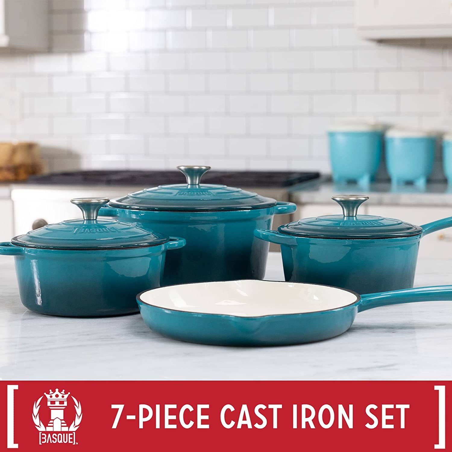 7-Piece: Basque Enameled Cast Iron Cookware Set Cheap Sale The Cheapest