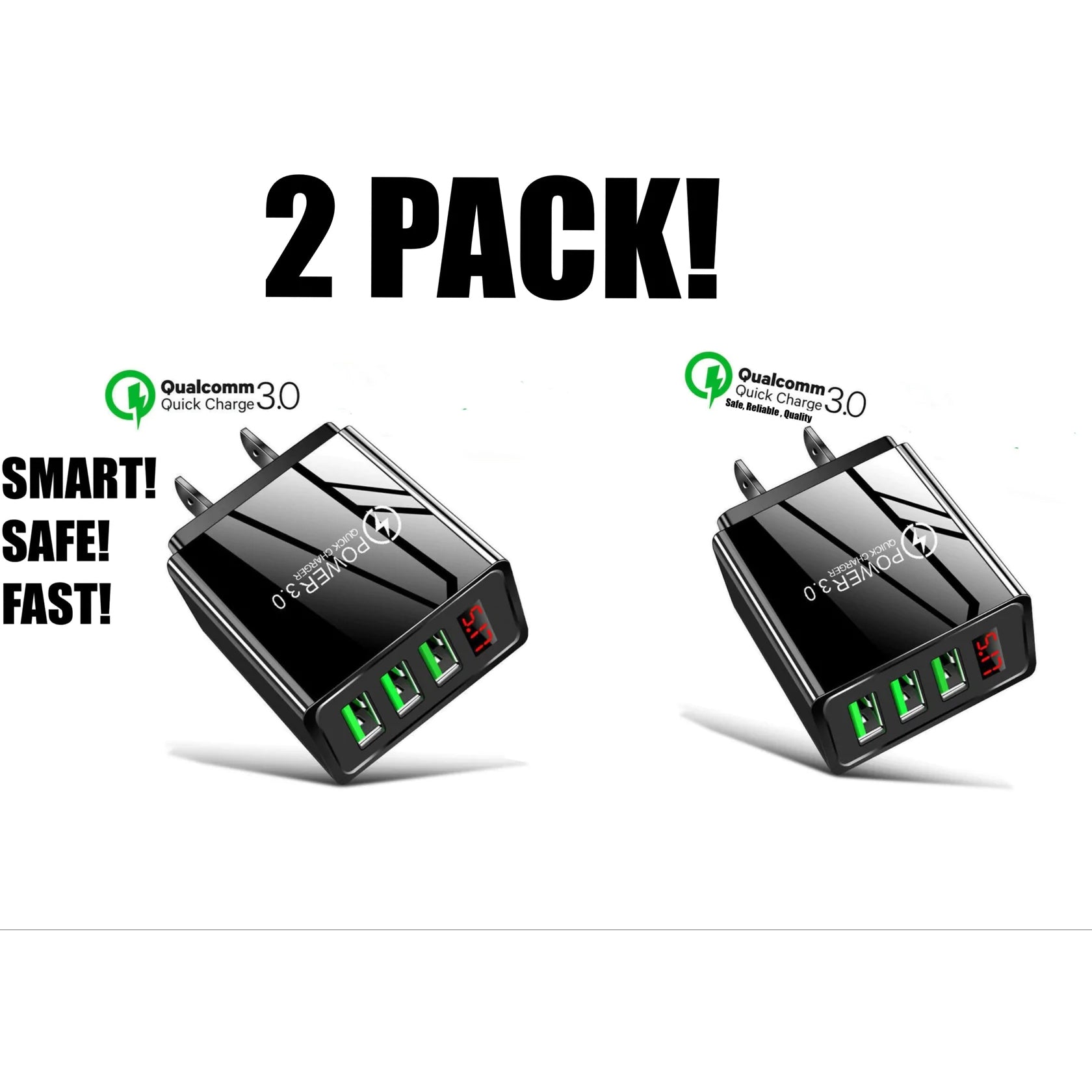 2-Pack: 3 Port LED Fast Quick Charge QC 3.0 USB Hub Display Wall Charger Adapter US Plug Choice Cheap Pice