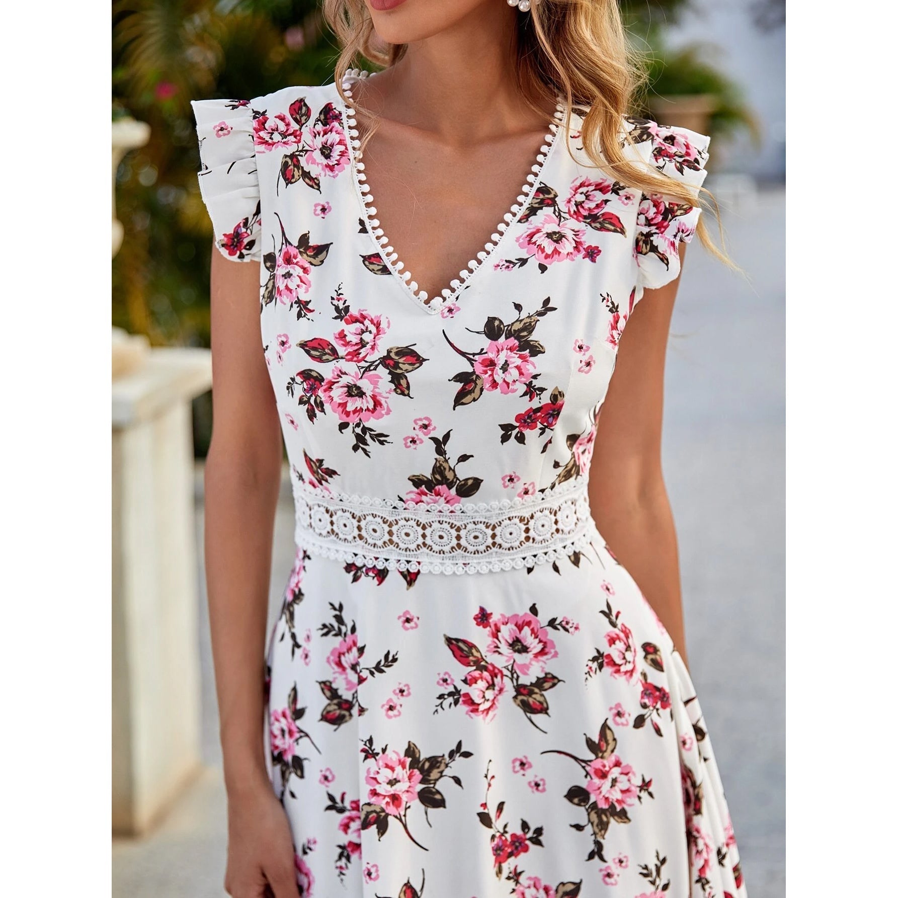 Women's Full Body Floral Print High Low Hem A-Line Dress Cheap Explore