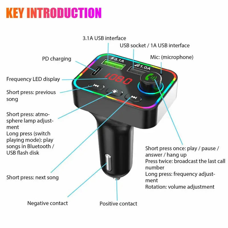 7 Color LED Backlit Light Bluetooth FM Transmitter and Dual USB Charger Reliable