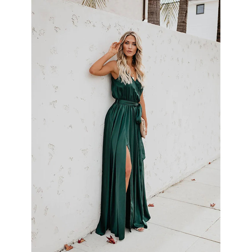 Women's Solid Color Slit Tie Maxi Dress Sale Good Selling