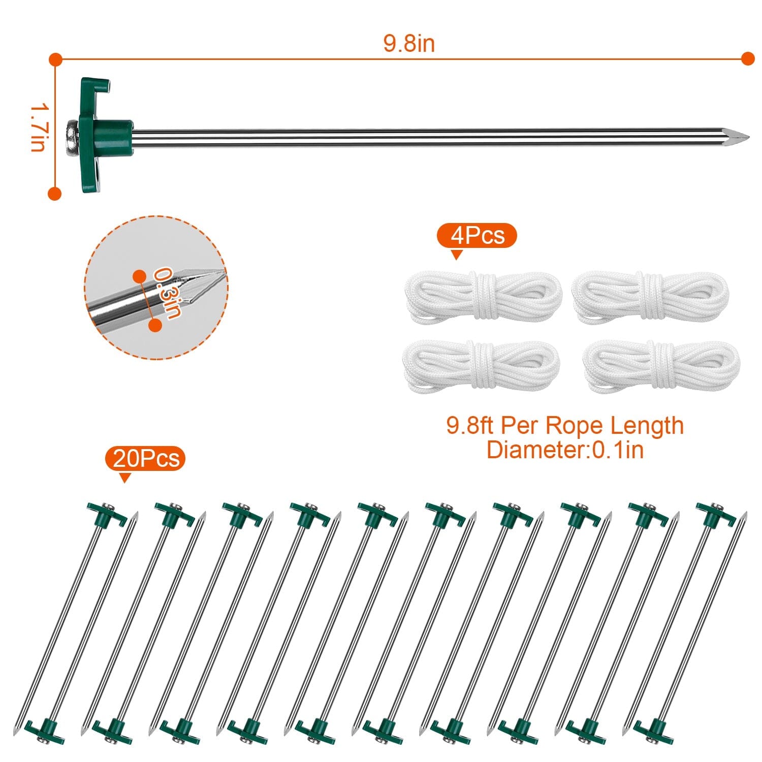 20-Piece: 9.8-Inch Tent Pegs Ropes Set Free Shipping Exclusive