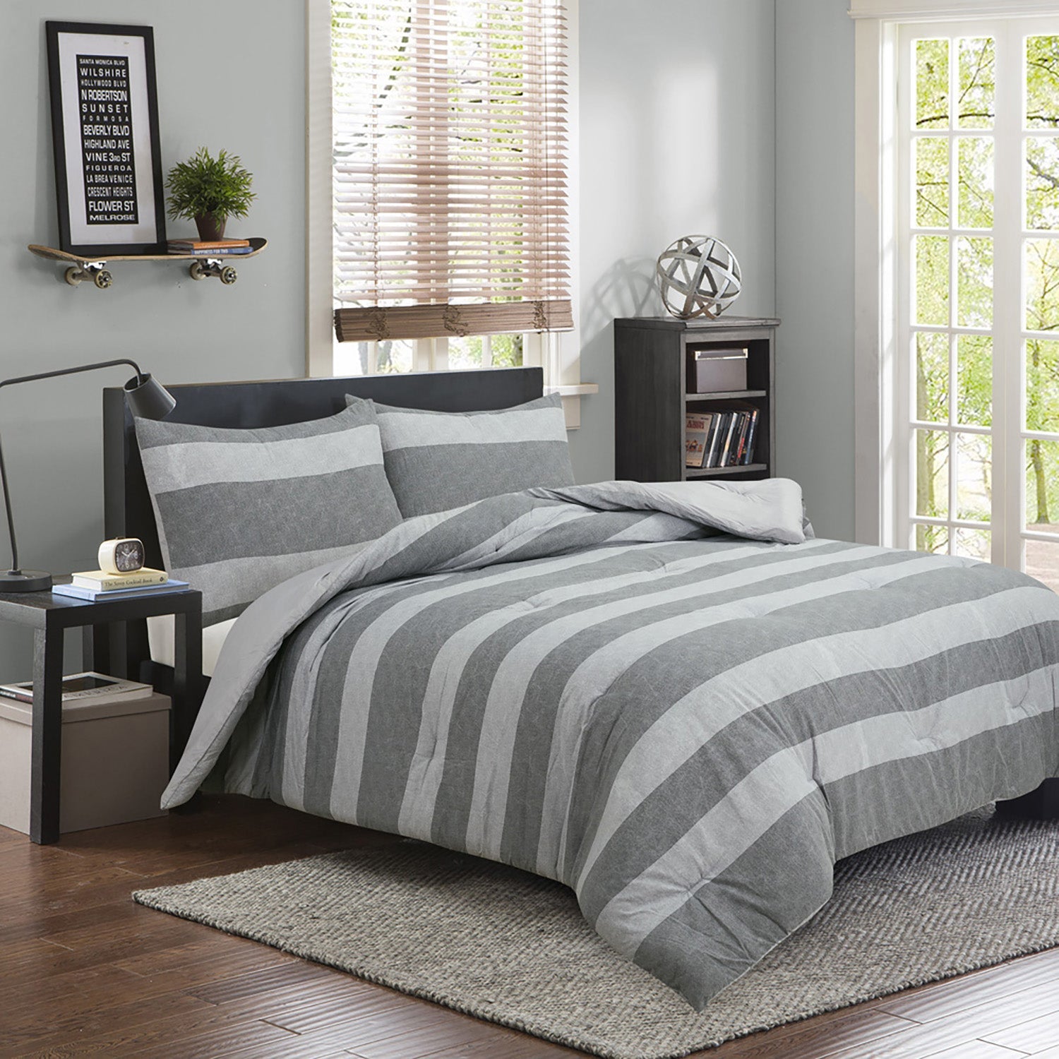 Brooklyn Flat Herringbone Wide Striped Grey Comforter Set Cheap Pice Original