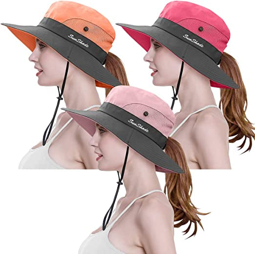 3-Piece: Women's Ponytail Wide Brim Sun Hat Cheap Amazon