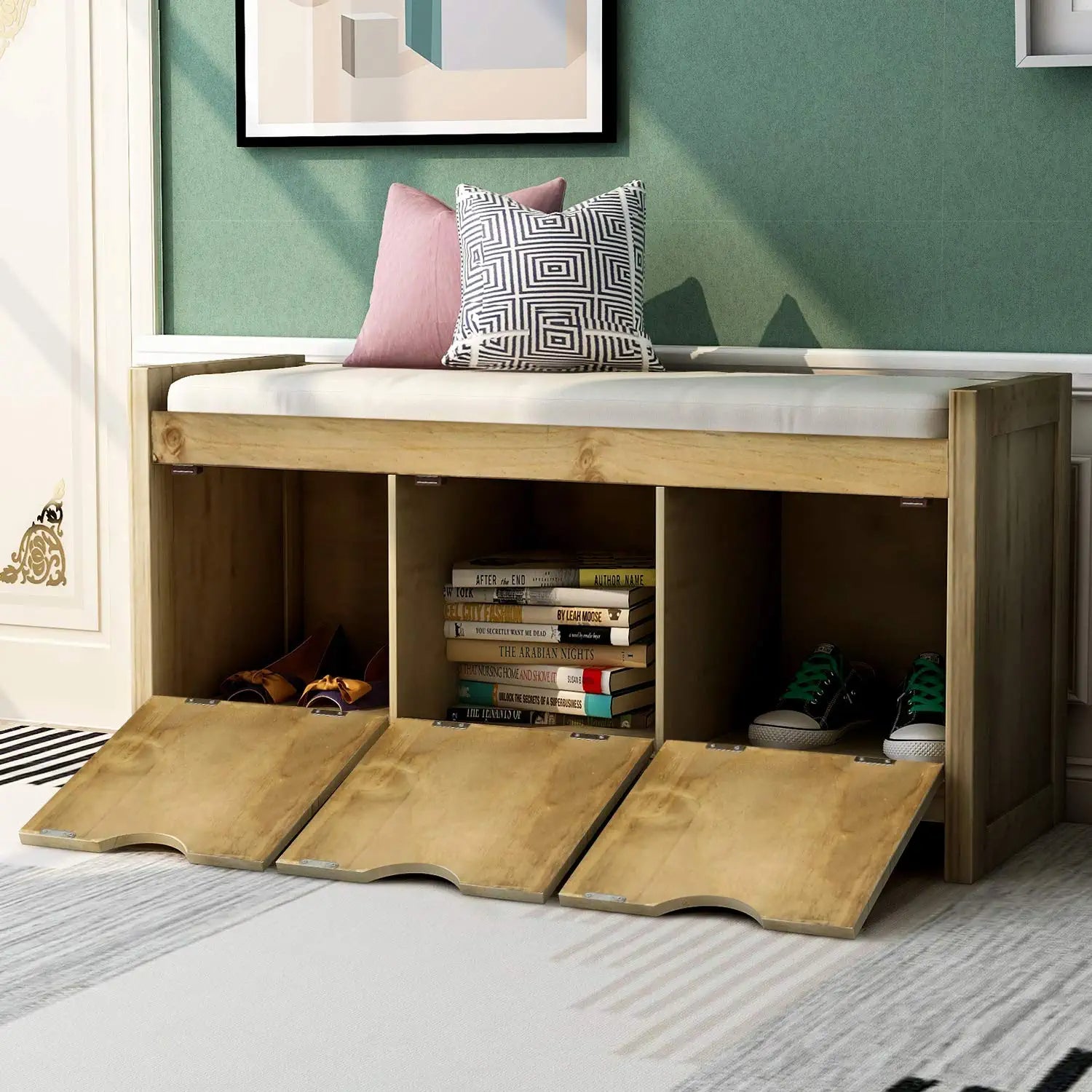 Storage Bench with Removable Cushion and 3 Flip Lock Storage Cubbies For Sale Official Site