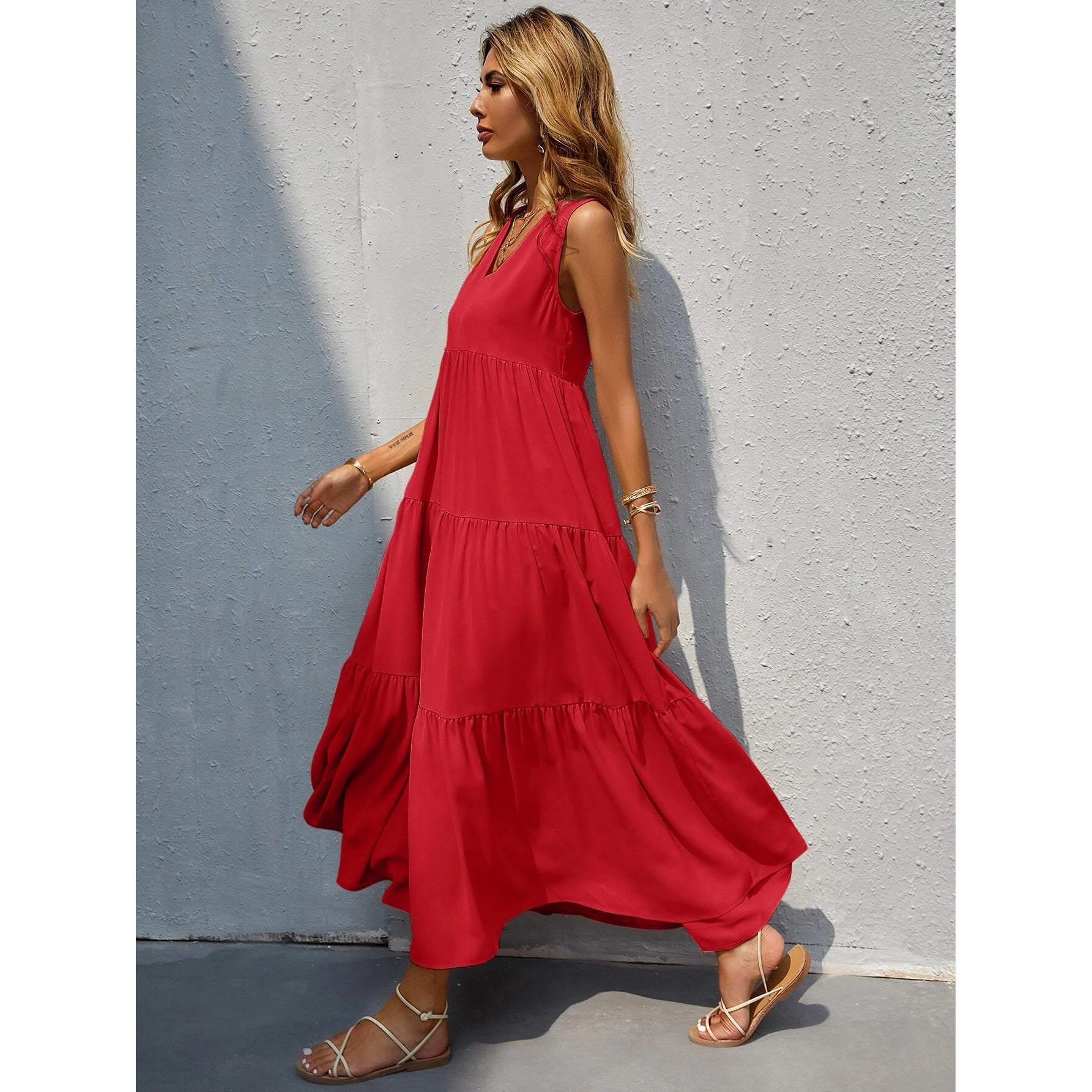 Women's V-neck Ruffle Hem Solid Dress Choice Online