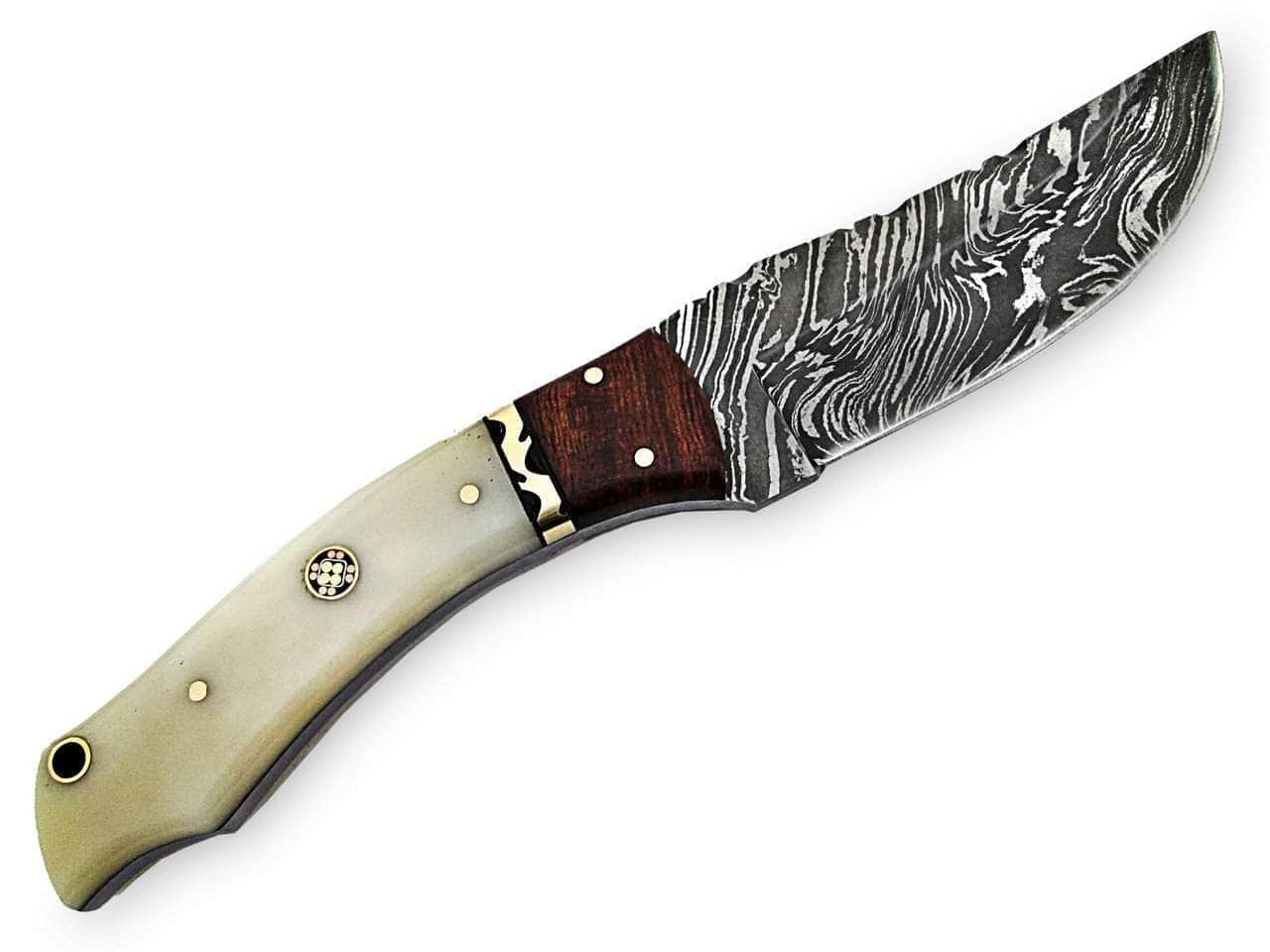 White Deer Executive Strait-Back Damascus Knife, 4.4 Blade, Bison Bone & Wood Handle, Sheath - WDM-2378 Shipping Discount Authentic