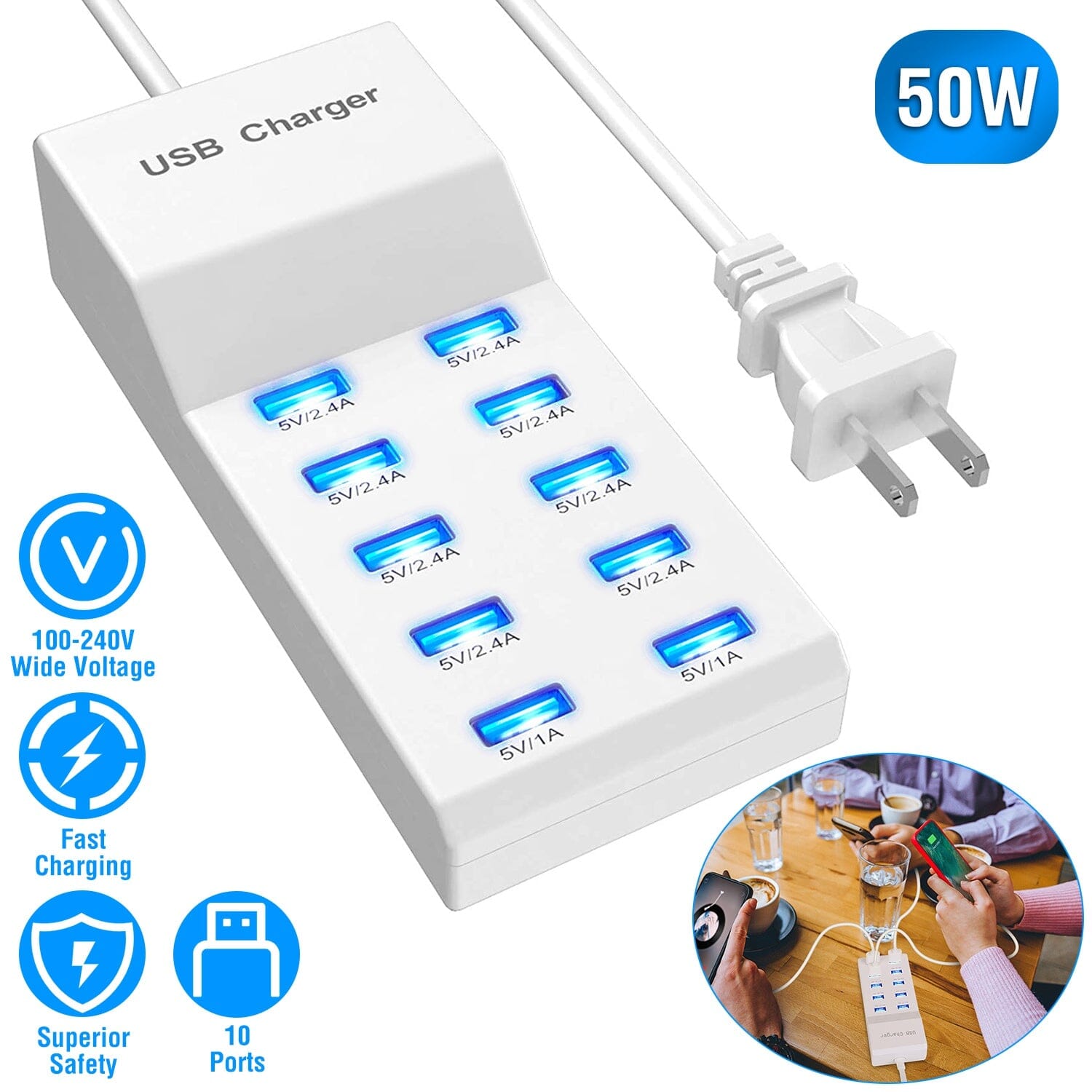 10-Ports 50W USB Wall Fast Charging Power Adapter Buy Online