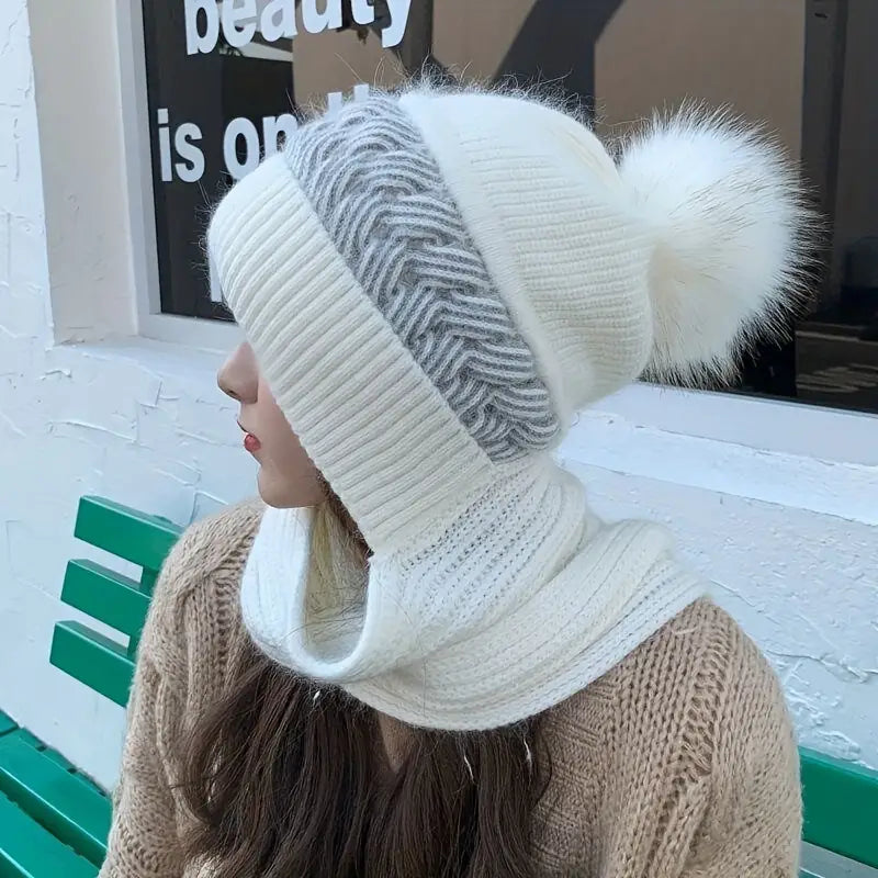 Coldproof Warm Beanie With Pom Classic Hooded Scarf Elastic Knit Hats Warm Beanies Sale Good Selling