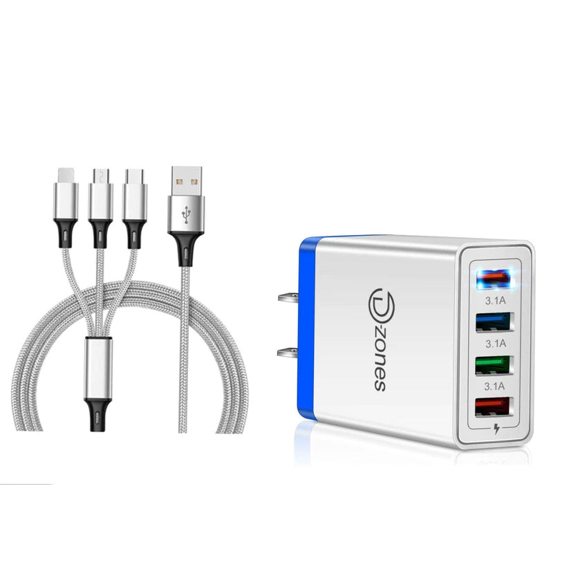 2-Piece Set: 4-Port High Speed Wall Charger + 3-in-1 Cable Combo For Nice