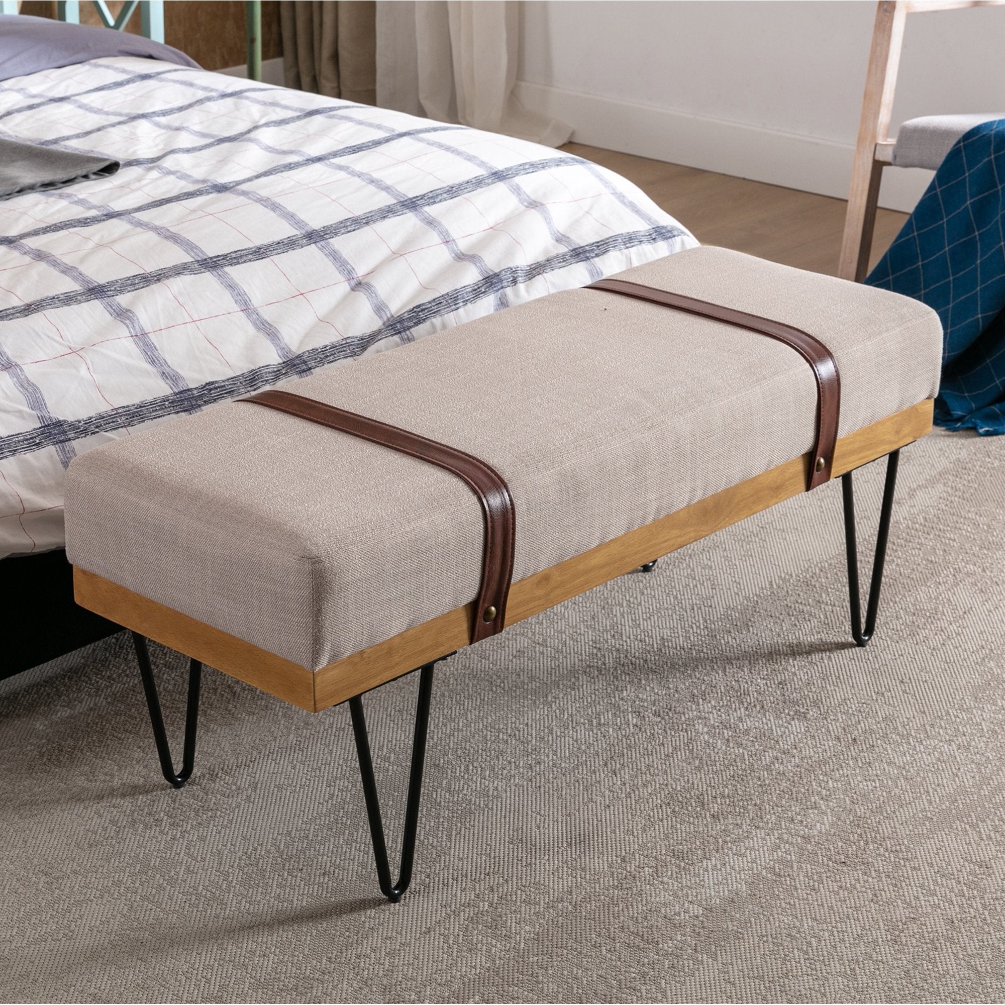 Bench for Bedroom Entryway Linen Ottoman Fabric Upholstered with Soft Cushion and Solid Wood Frame Cheapest Pice