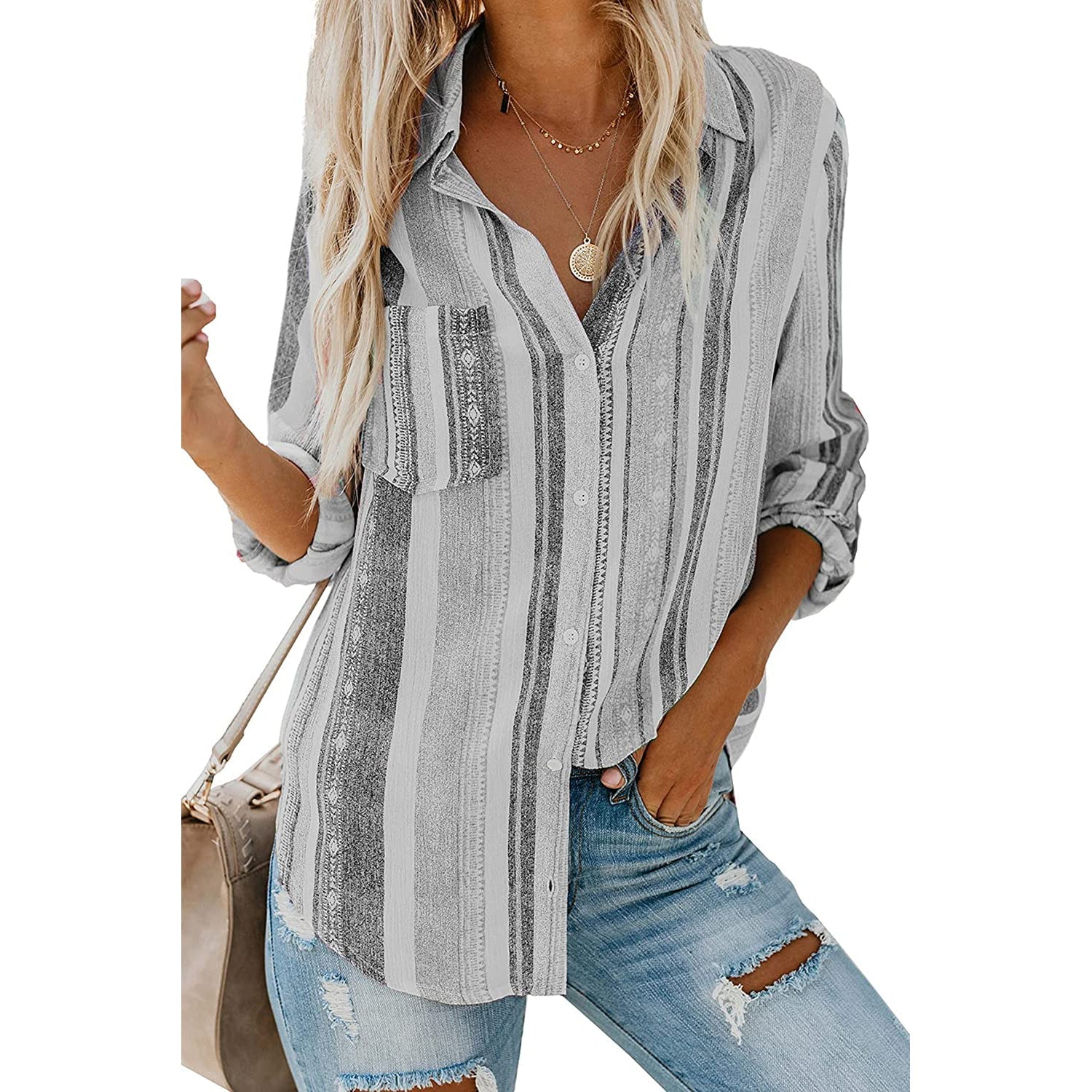 Women's V-Neck Striped Roll-Up Cuff Shirt Buy Online Cheap Pice