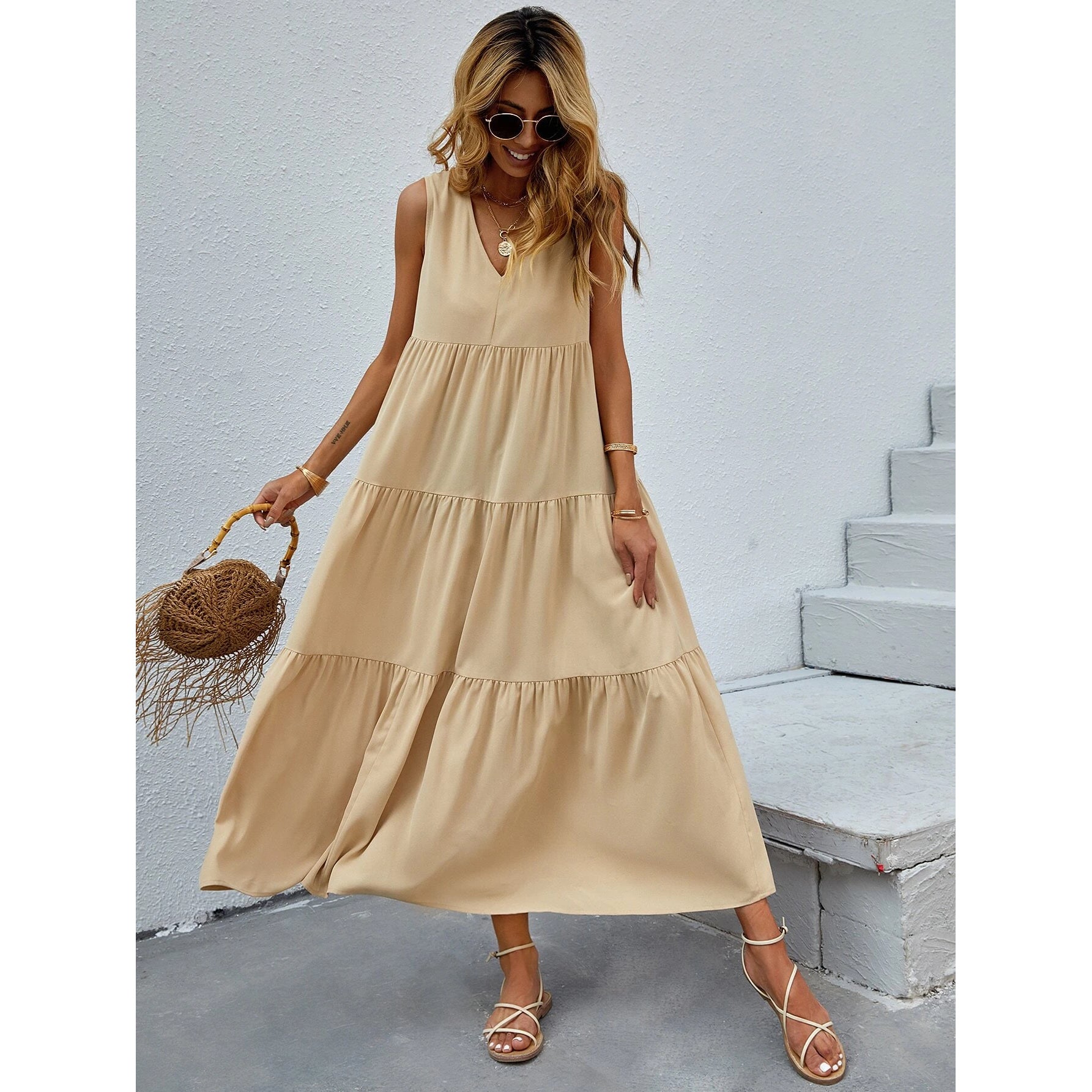 Women's V-neck Ruffle Hem Solid Dress Choice Online