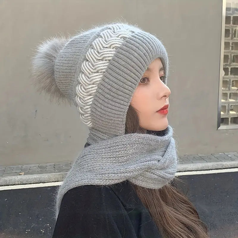 Coldproof Warm Beanie With Pom Classic Hooded Scarf Elastic Knit Hats Warm Beanies Sale Good Selling