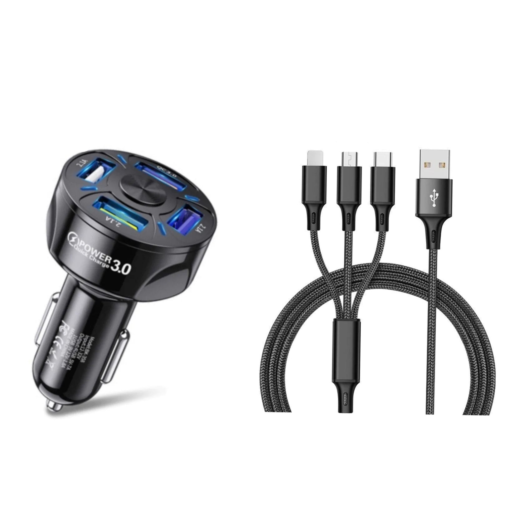 4 Port LED Car Charger + 3 in 1 Cable Combo Quality Free Shipping Low Pice