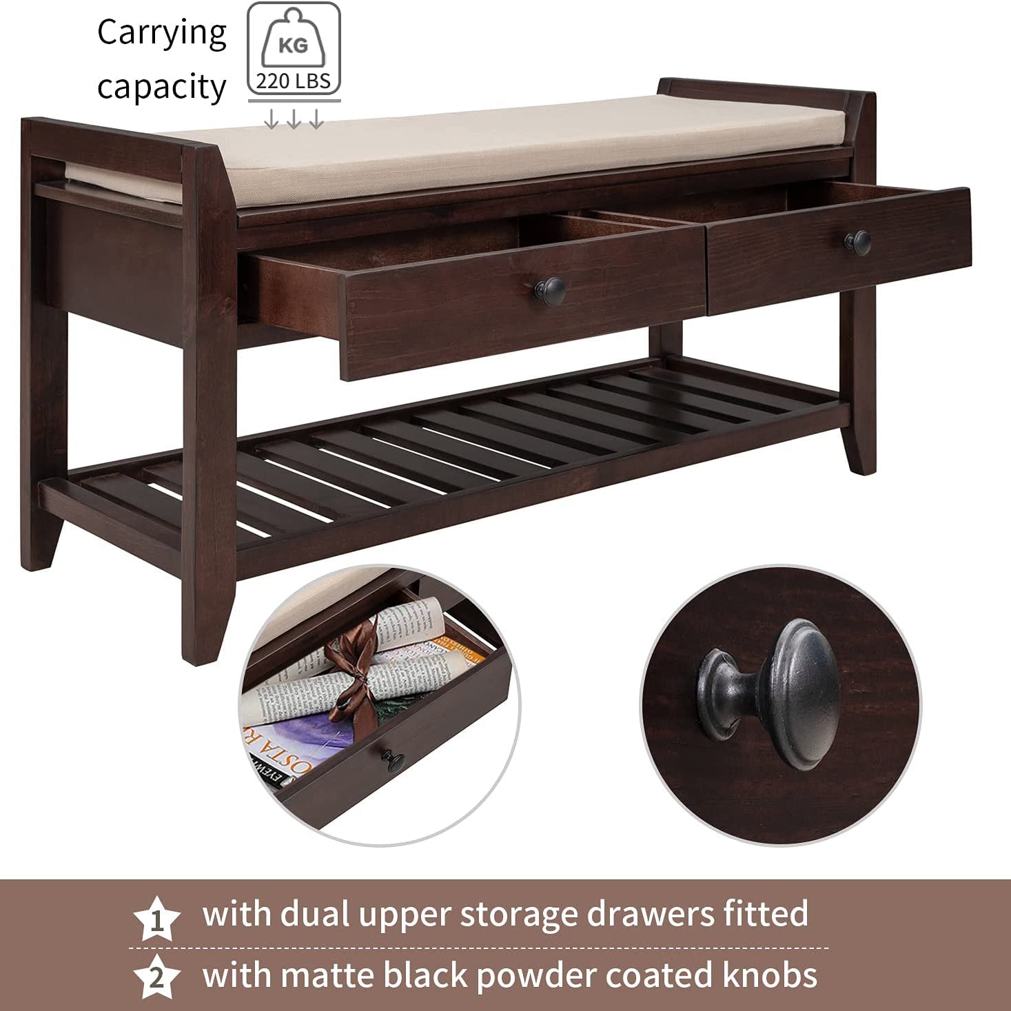 Wood Storage Bench with 2 Drawer Shoe Rack Free Shipping Very Cheap