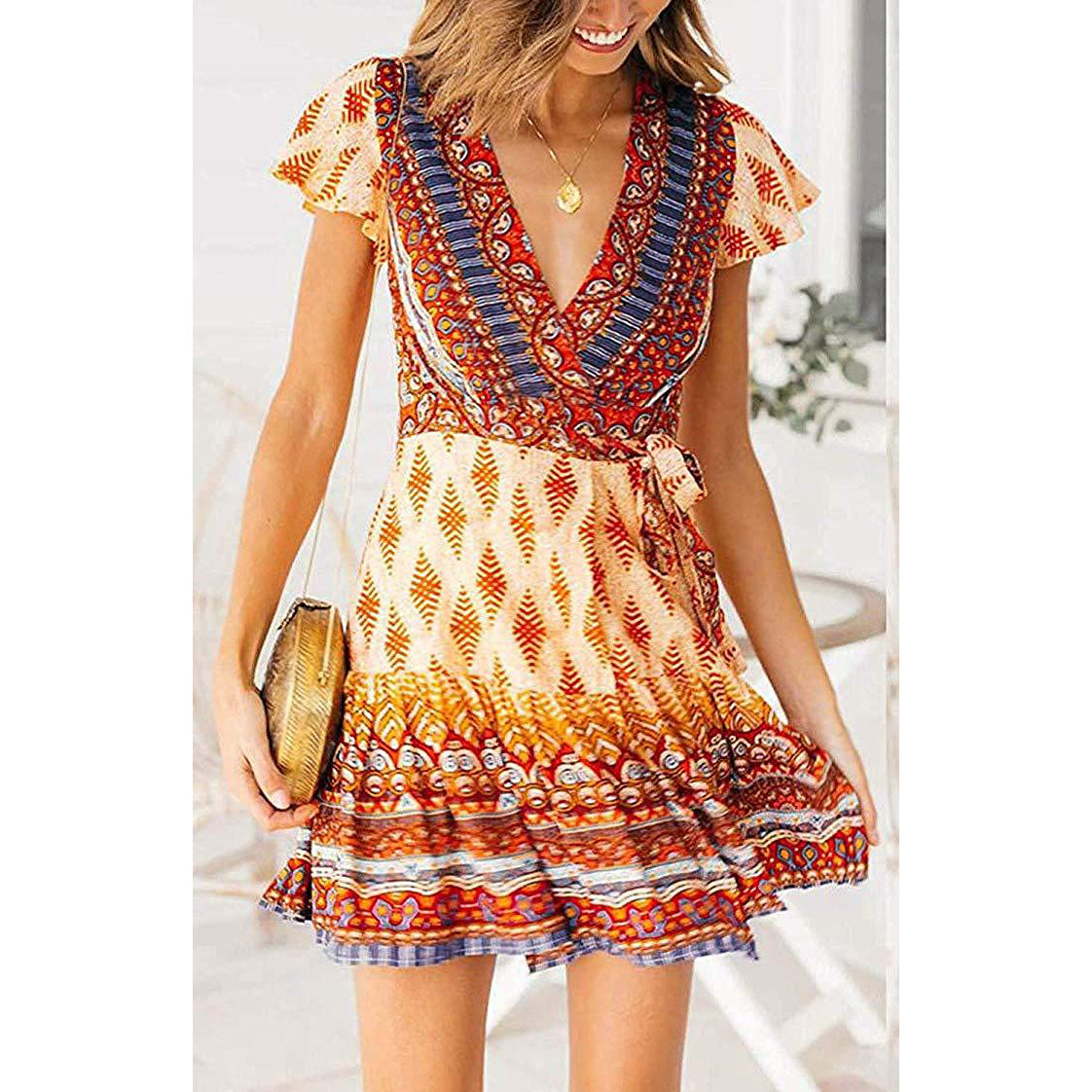 Women's Summer Wrap V Neck Bohemian Floral Print Mini Dress Cheap Geniue Stockist