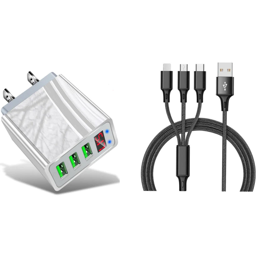 2-Piece Set: 3-Port LED Display High Speed Wall Charger White + 3-in-1 Cable Combo Cheap Sale Buy