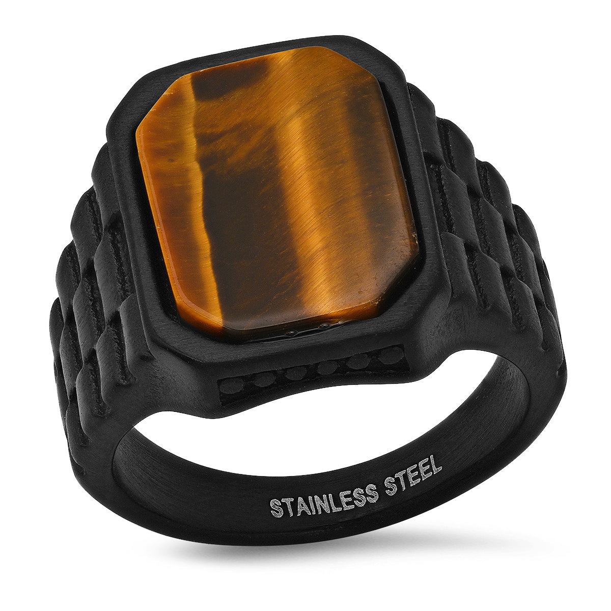 Men's Black IP Stainless Steel and Tiger Eye Ring Hot Sale Online