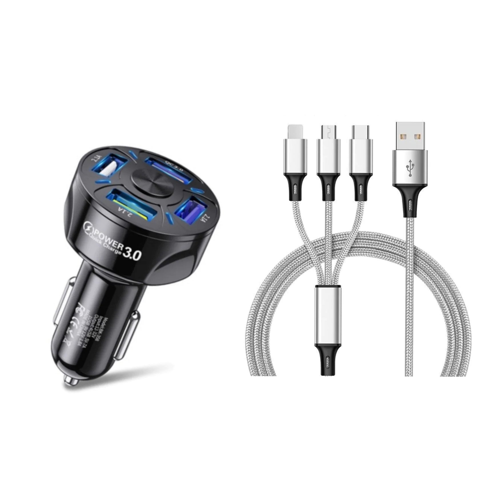 4 Port LED Car Charger + 3 in 1 Cable Combo Quality Free Shipping Low Pice