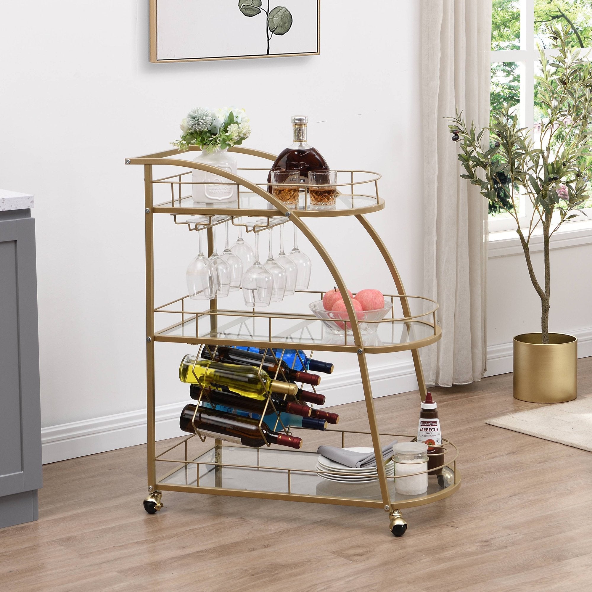 3 Tier Metal Frame Serving Wine Cart with Wheels Outlet Good Selling