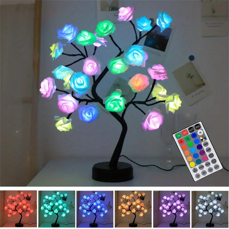 24 LED RGB 16 Colors Rose Tree Night Light Battery And USB Plug Operated Rose Flower Fairy Lights Remote Control Outlet Brand New Unisex