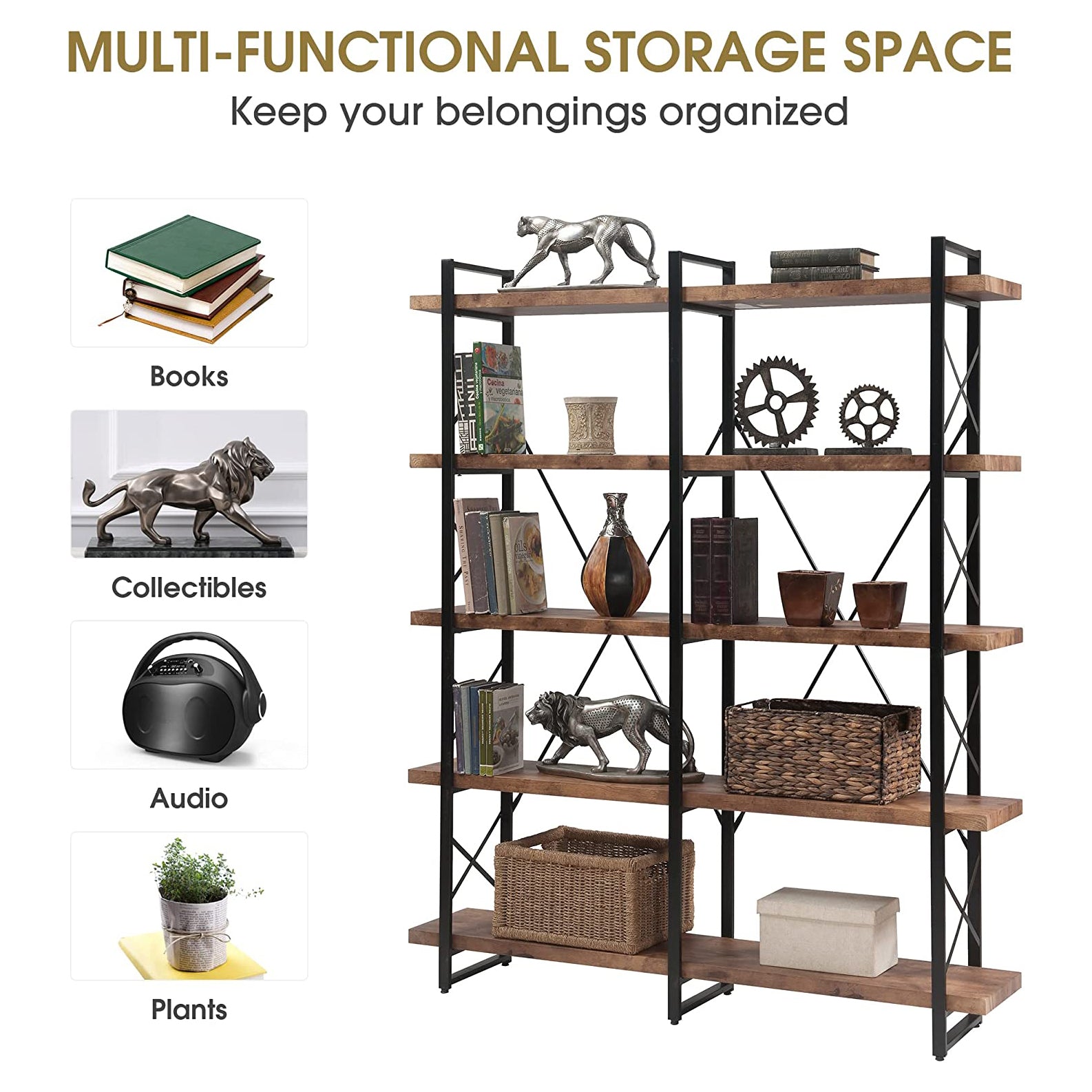 5-Tier Bookcase Industrial Bookshelf Online Online For Sale