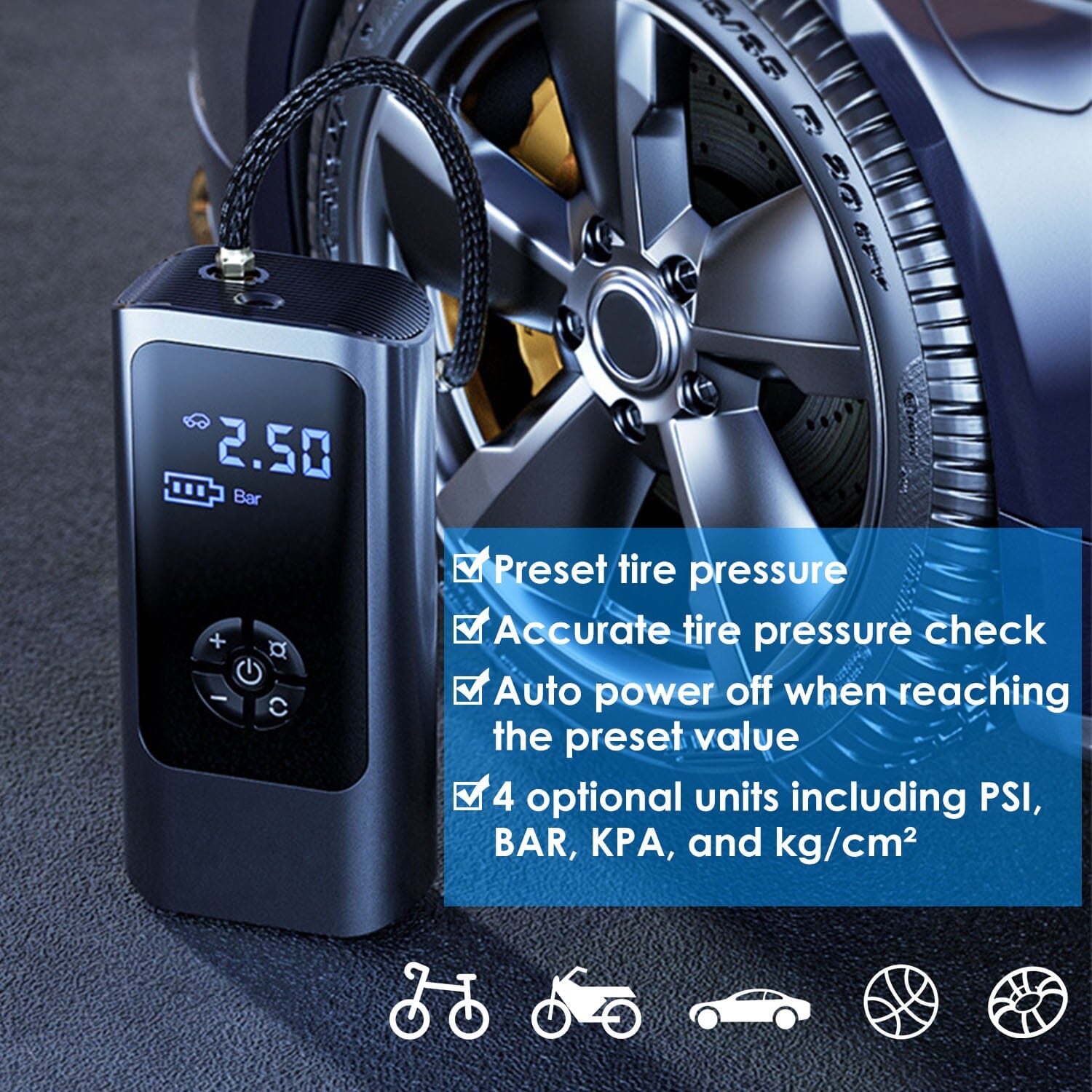 Car Tire Inflator Corded with LED Light With Credit Card