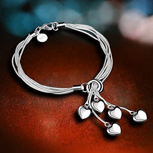 .925 Sterling Silver Five-Line Chain with Five-Heart Bracelet Sale Online Cheap