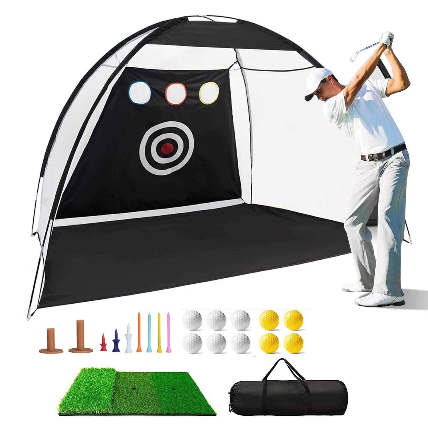 Golf Training Aids Driving Hitting Nets with Tri-Turf Golf Mat Target Cloth 10 Golf Balls 7 Golf Tees 2 Rubber Golf Tee Holders Carry Bag for Indoor Outdoor Sports Free Shipping Best