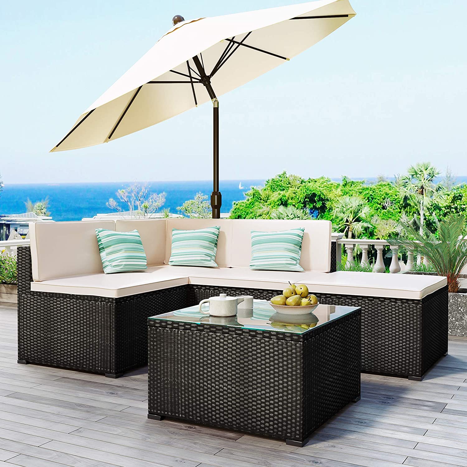 5-Piece: Patio Rattan PE Wicker Furniture Corner Sofa Set Cheap High Quality