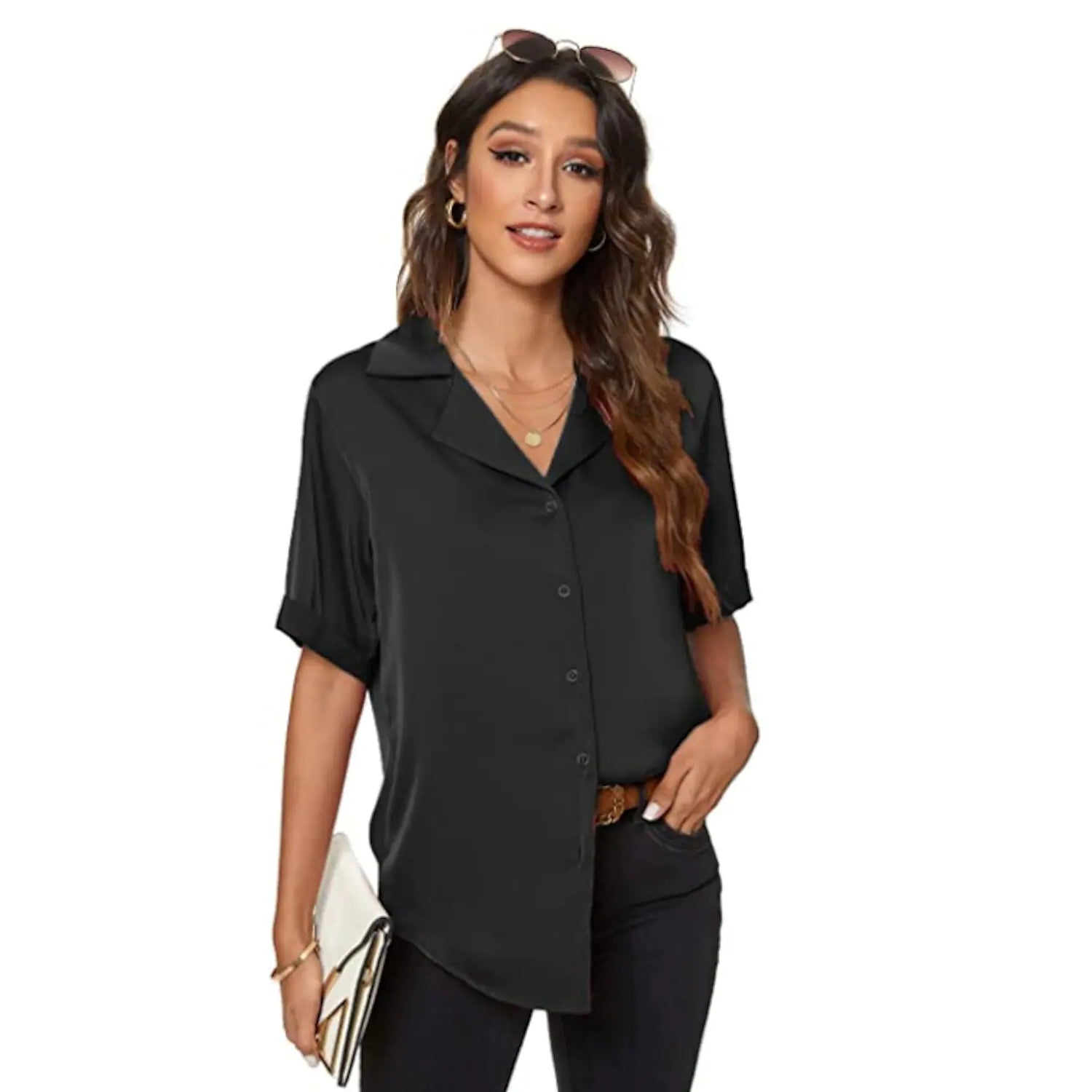 Women's Short Sleeve Casual Satin Button Down Shirt Sale Online Shop